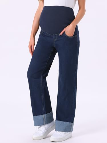 Women Maternity Jeans Straight Leg Cuffed Denim Work Pants - color: Black Blue, size: XX-Large