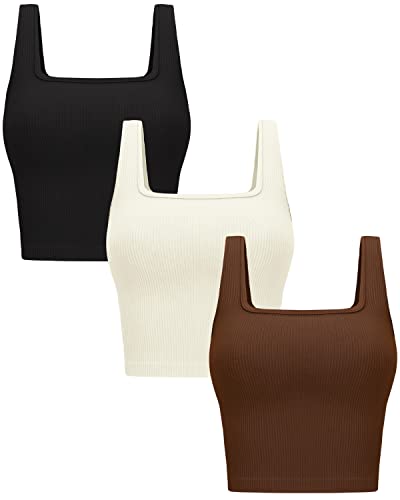 OLCHEE Womens 3 Pack Crop Tank Tops Sleeveless Square Neck Workout Top - color: Black + Brown + Beige, size: Medium