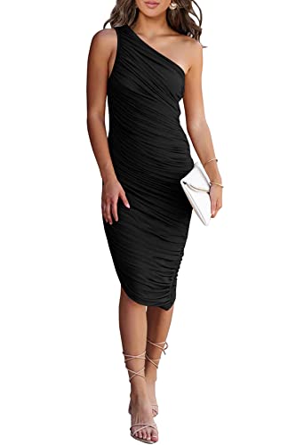 PRETTYGARDEN One Shoulder Midi Dresses for Women Summer - color: Black, size: Medium