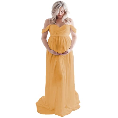 Off Shoulder Open Belly Split Front Tulle Maternity Dress for Photoshoot - color: Dark Yellow, size: Medium