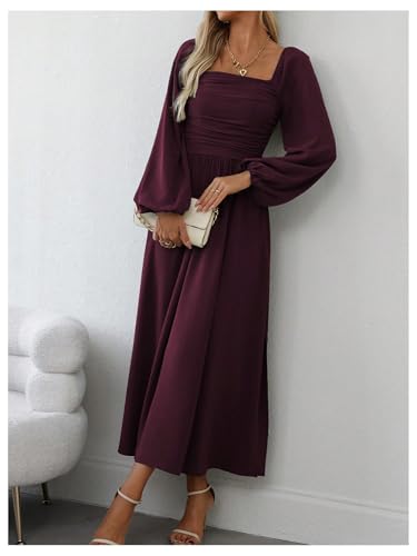 Floerns Women's Square Neck Lantern Long Sleeve Split Ruched Midi Dresses - color: Maroon, size: Medium