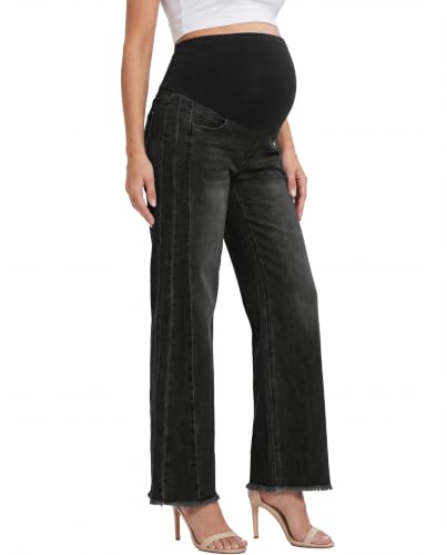 Maternity Jeans Wide Leg Baggy Denim Pants - color: Washed Black, size: Medium