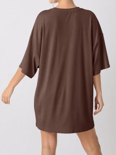 Fisoew Womens 2 Piece Lounge Set Ribbed Oversized T-Shirt Biker Shorts - color: Brown, size: X-Large