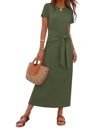 MEROKEETY Women's Summer T Shirt Casual Work Wrap Maxi Dresses - color: Army Green, size: Small