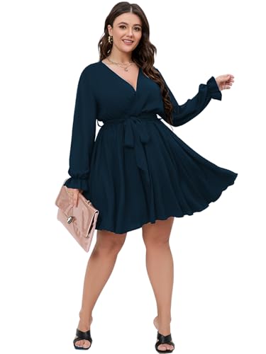 SCOMCHIC Women's Plus Size Long Sleeve Wrap V Neck A Line Mini Dress - color: Lake Blue, size: 3X-Large Plus