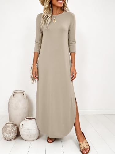 ANRABESS Women’s Air Layer 3/4 Sleeve Fall Maxi Dress & Pockets - color: Beige Grey, size: Medium