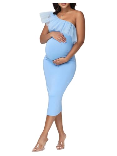 OYOANGLE Women's Maternity Ruffle One Shoulder Dress Bodycon Midi Dresses - color: Light Blue, size: Small