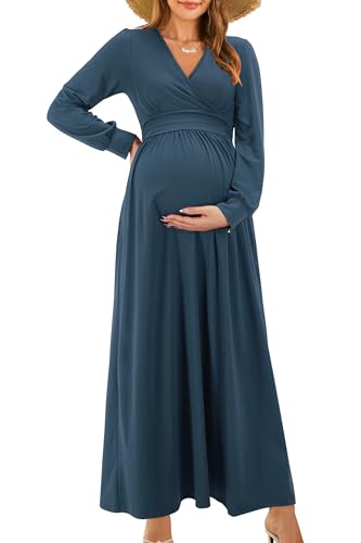 OUGES Women's Wrap Pregnancy Maxi V Neck Fall Baby Shower Maternity Dress - color: Gray Blue, size: Small