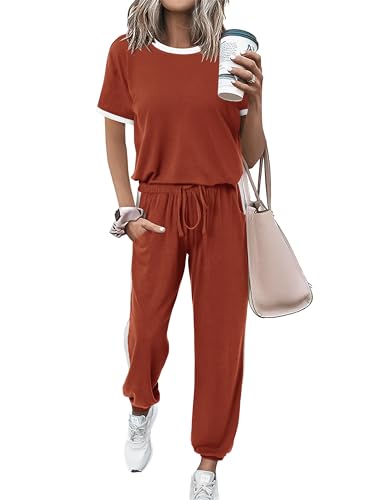 MASCOMODA Womens 2 Piece Outfits Summer Matching Lounge Sets Jogger Set - color: Brick Red, size: X-Large
