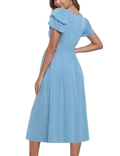 Ruffle Short Sleeve Maternity Dress High Waisted Midi Baby Shower Dresses - color: Light Blue, size: Large