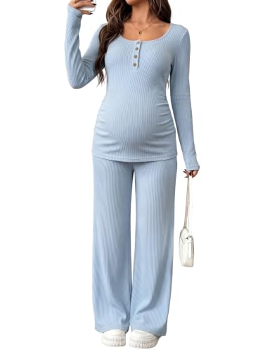 BLENCOT Maternity Clothes Ribbed Long Sleeve Sets Button 2 Piece Outfits - color: Light Blue, size: Large