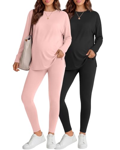 Neer 2 Pack Maternity Pajama Sets 2 Piece Outfits - color: Flesh Pink, Black, size: Medium
