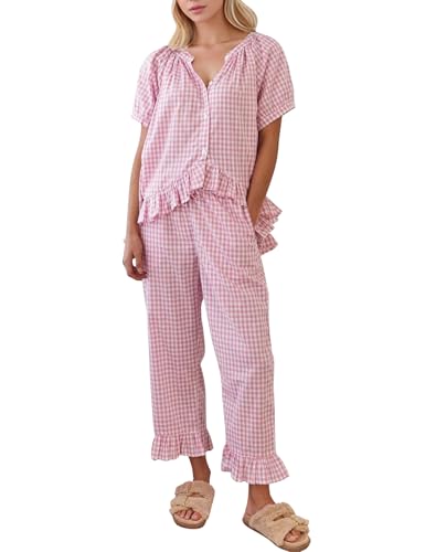 COZYPOIN 100% Cotton Pajamas for Women Set Cute Gingham Lounge Set - color: Pink, size: Large