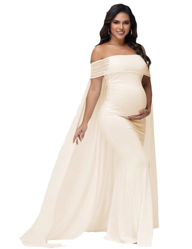 Maternity Mesh Off Shoulder Chiffon Cloak Maxi Photoshoot Dress - color: Beige, size: Medium