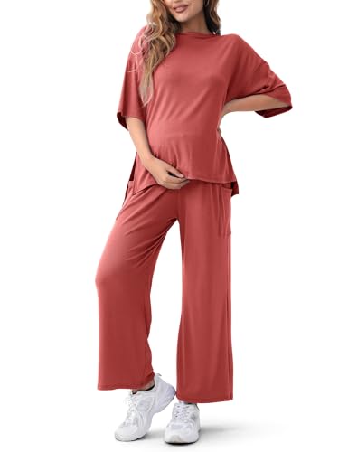 Maternity Lounge Set, 2 Piece Matching Set with Wide Leg Pants - color: Brick Red, size: Small
