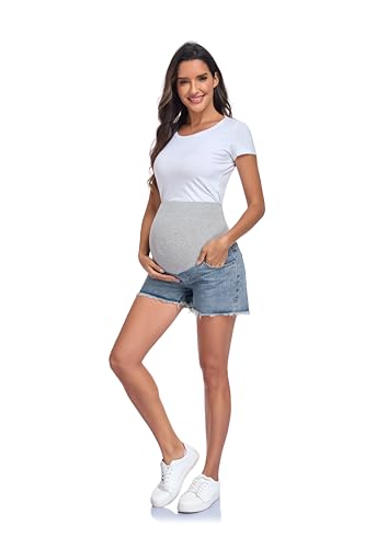 Summer Maternity Denim Shorts Adjustable High Waist Belly Panel Pregnancy Shorts with Pockets - size: Large