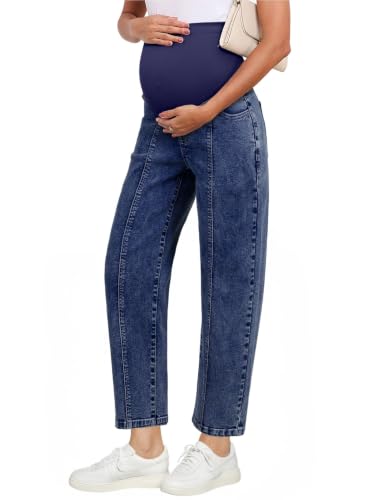 BLENCOT Maternity Jeans Over Belly Baggy Leg Ankle Stretchy Pregnancy Pants - color: Dark Blue, size: X-Large