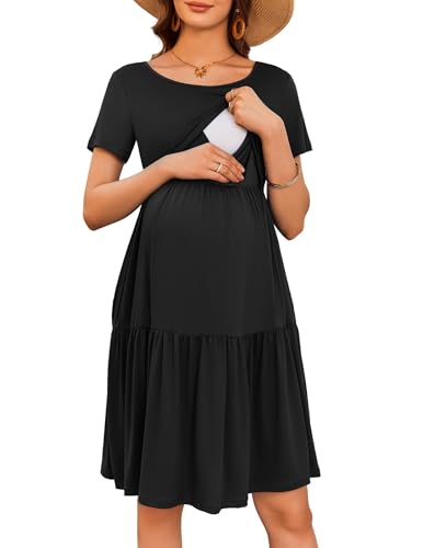 Maternity Dress Summer Short Sleeve Casual Nursing Dresses Breastfeeding - color: Black, size: X-Large