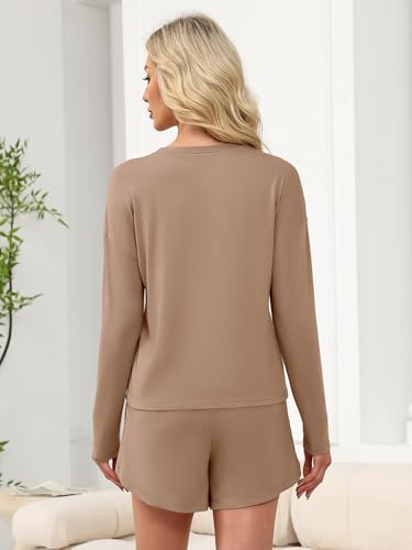 ANRABESS Womens Long Sleeve Striped Pajama 2 Piece Lounge Sets - color: Light Brown, size: Medium