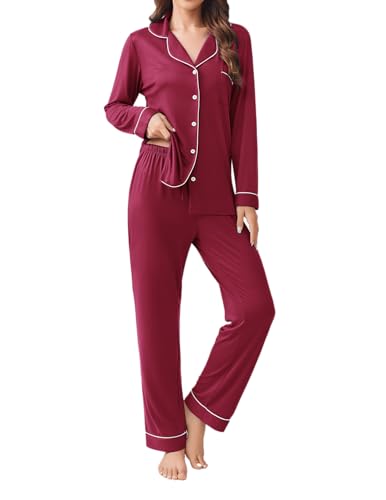 Ekouaer Womens Pajamas Set Button Down Long Sleeve Top & Pants Lounge Sets - color: Wine Red, size: Medium