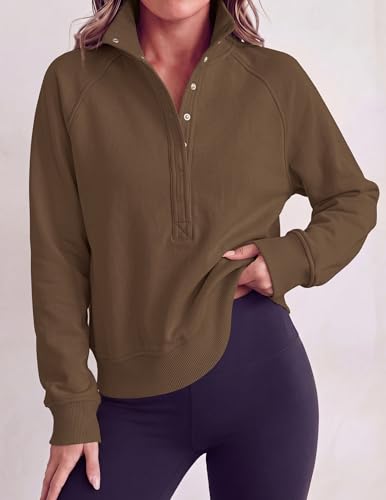 PRETTYGARDEN Women's Fall Oversized Sweatshirts Mock Neck Henley Pullover - color: Brown, size: Large
