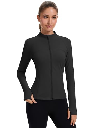 Rapbin Women's Full Zip Workout jackets Runing Slim Fit Athletic Tops With Thumb Holes - color: Black, size: Medium