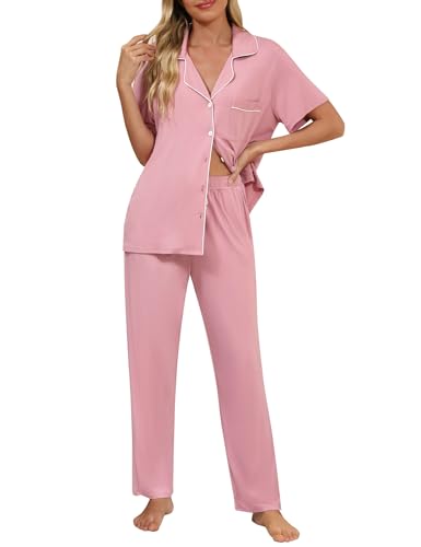 Senert Womens 2 Piece Pajamas Set Button Down Top and Pants Soft Sleepwear - color: Bean Paste, size: X-Large