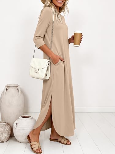 ANRABESS Women’s Air Layer 3/4 Sleeve Fall Maxi Dress & Pockets - color: Almond, size: Medium
