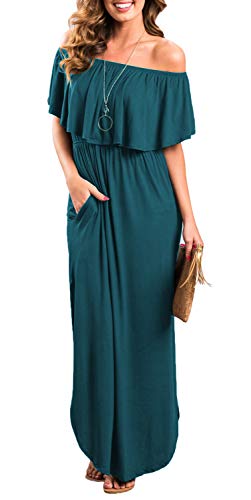 Sarin Mathews Womens Off The Shoulder Ruffle Party Dress Casual Side Split Beach Long Maxi Dresses with Pockets - color: Acie Blue, size: Medium