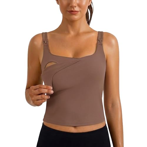 Ecavus Women's Nursing Bras for Breastfeeding Tank Tops with Built in Bra - color: Brown, size: Medium