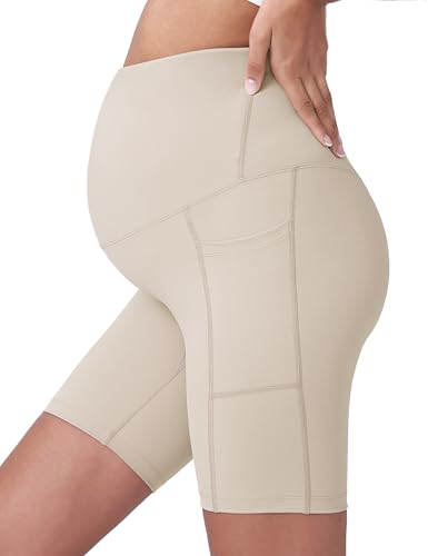 POSHDIVAH Maternity Biker Shorts Over the Belly with Pockets 5"/8" - color: Khaki, size: Large