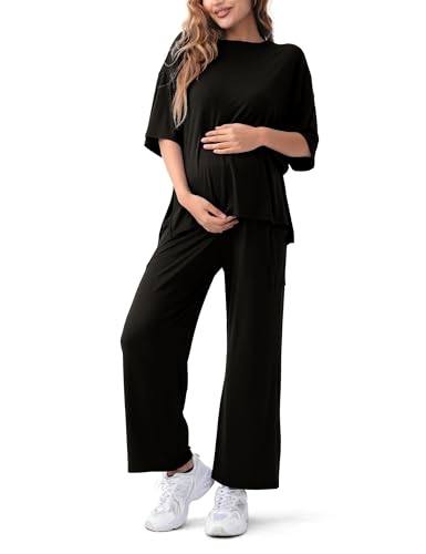 Maternity Lounge Set, 2 Piece Matching Set with Wide Leg Pants - color: Black, size: Small