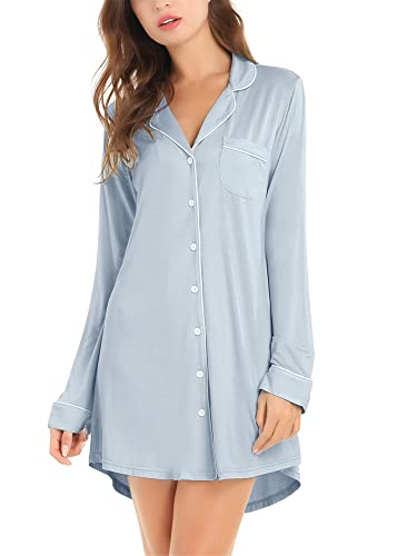Cherrydew Women's Bamboo Viscose Cooling Long Sleeve Button Front Nightgown - color: Dusty Blue, size: Small