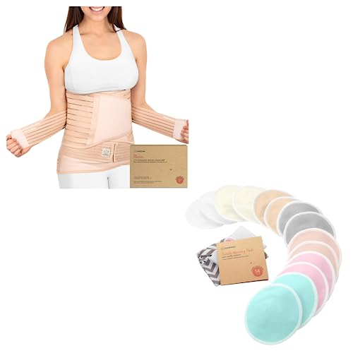 KeaBabies 3 in 1 Postpartum Belly Support Recovery Wrap and Reusable Nursing Pads for Breastfeeding - Postpartum Belly Band - 14-Pack - 4-Layers Nursing Pads