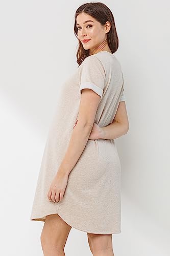 LaClef Womens Short Sleeve Maternity T-Shirt Dress with Pockets - color: Oatmeal, size: X-Large