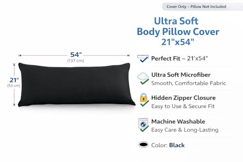 Evolive Ultra Soft Microfiber Body Pillow Cover/Pillowcases 21"x54" with Hidden Zipper Closure (Black) - color: Black