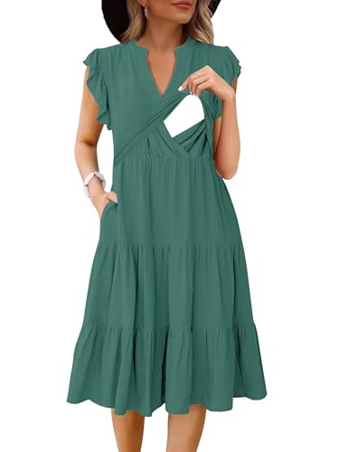 CzzzyL Womens Nursing Midi Dress Breastfeeding Sleeveless Tiered Pockets - color: Graygreen, size: Medium