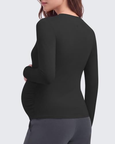 G4Free Lyocell Maternity Shirts Long Sleeve Button Front Henley Neck Ruched - color: Black, size: X-Large