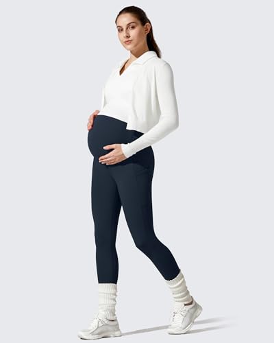 G4Free BareFeel Fleece Lined Maternity Leggings with Pockets Winter - color: Dark Navy, size: Medium