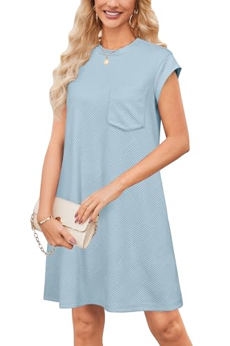 OUGES Women's Summer Casual Cap Sleeve Mini Maternity Dress with Pockets - color: Light Blue, size: X-Large