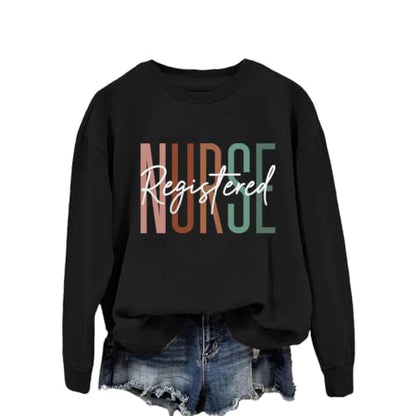 Registered Nurse Sweatshirt Women RN Nurse Life Crewneck Pullover - color: Black, size: Large