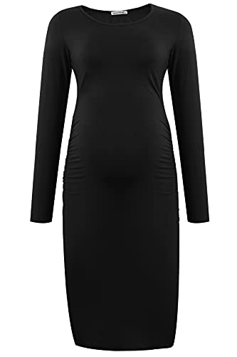 Smallshow Women's Long Sleeve Maternity Dress Ruched Pregnancy Clothes - color: Black, size: XX-Large