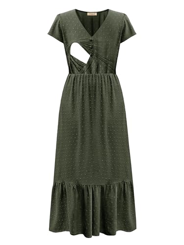 CzzzyL Women Nursing Dresses Cap Short Sleeve V Neck Swiss Dot with Pockets - color: S-green, size: Medium