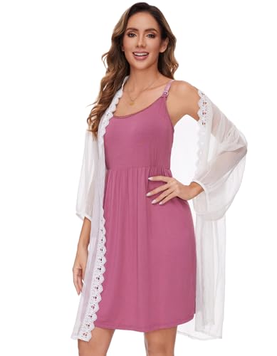 Sosolism Women's Maternity Nursing Nightgown Built-in Pad S-XXL - color: Dusty Rose, size: Medium