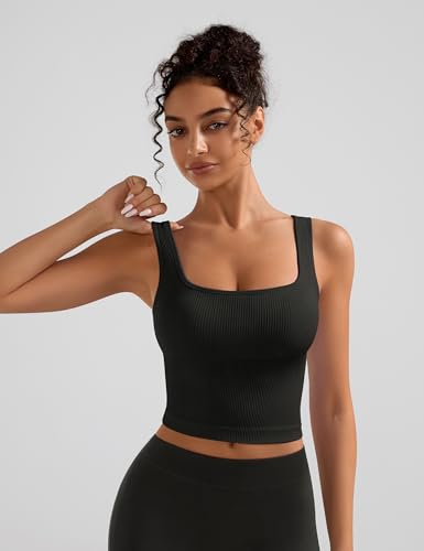 OLCHEE Womens 2 Pack Crop Tank Tops Square Neck Workout Top Padded - color: Black + Beige, size: X-Small