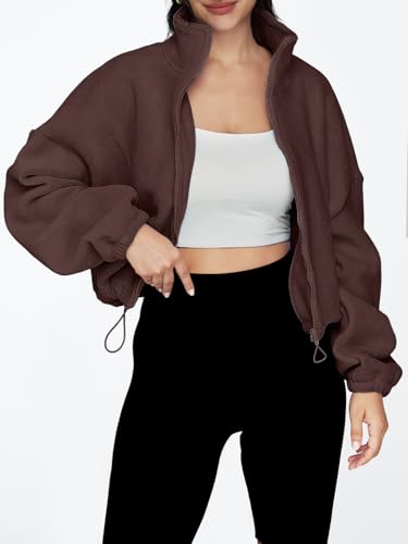 AUTOMET Womens Fleece Jackets Zip Up Oversized Cropped Sweatshirts - color: Brown, size: X-Small
