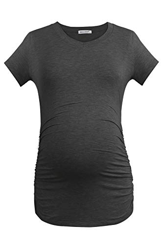 Smallshow Women's V Neck Maternity Clothes Tops Side Ruched Pregnancy T Shirt - color: Dim Grey-army Green-burgundy(3 Pack), size: Small