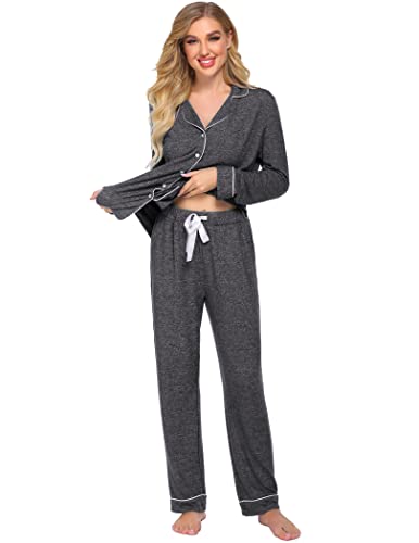 Ekouaer Women's Pajamas Long Sleeve Loungewear Casual Button Down Pjs - color: Dark Grey, size: X-Large