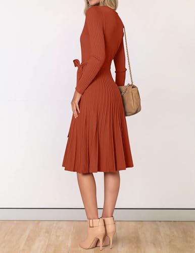 ZESICA Women's Long Sleeve Wrap Sweater Midi Dress with Belt - color: Rust, size: Large