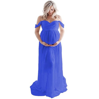 Off Shoulder Open Belly Split Front Tulle Maternity Dress for Photoshoot - color: Dark Blue, size: Small